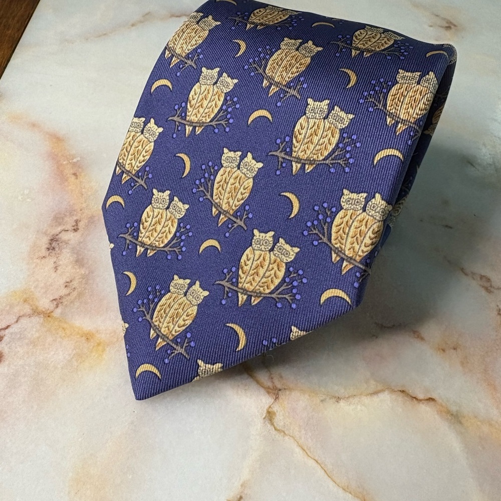 Hermes 100% Silk Dark Blue and Gold Owl Pattern Tie